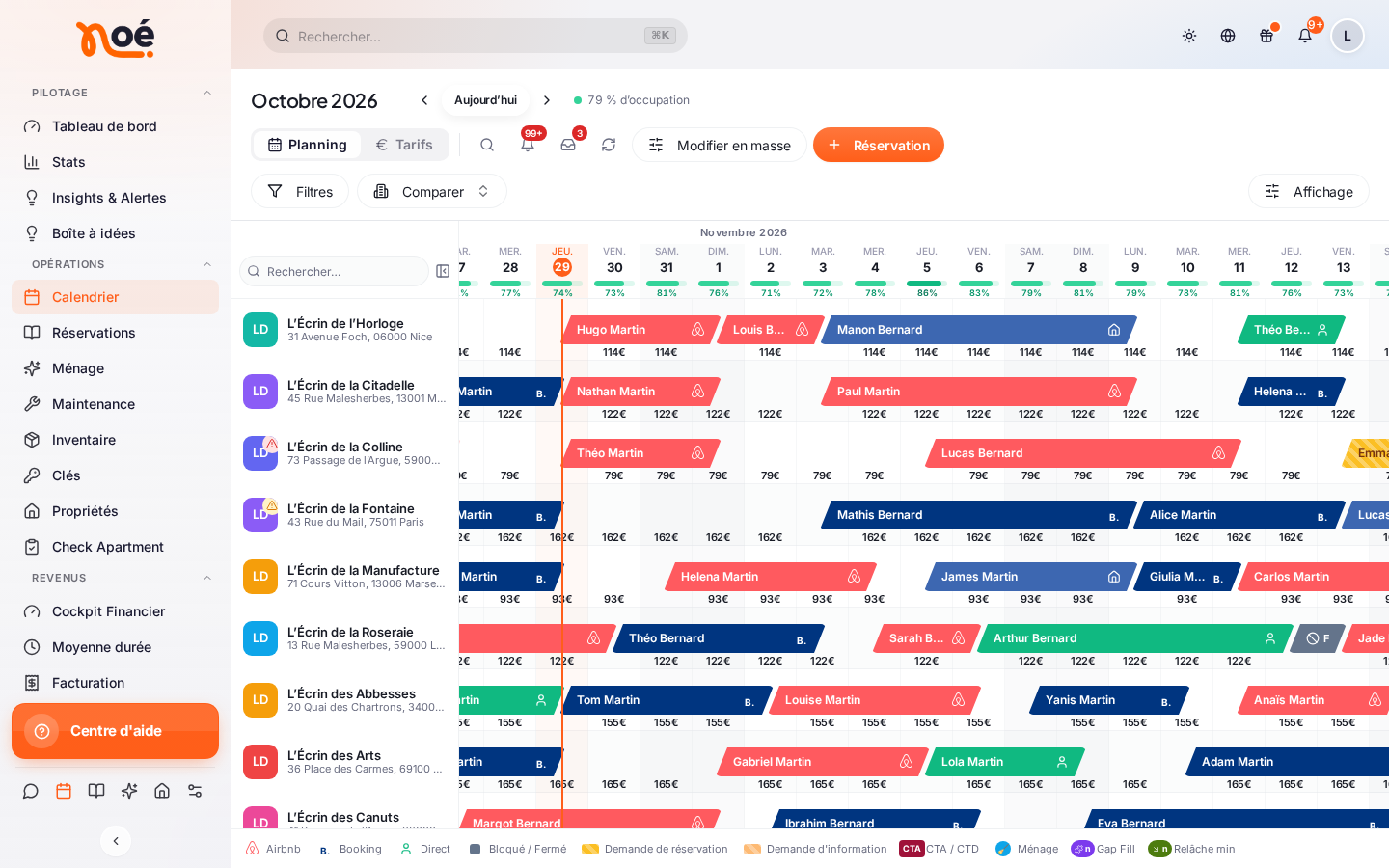 Le calendrier, onglet « Planning » : en haut « Octobre 2026 », les flèches autour de « Aujourd’hui » et « 79 % d’occupation » ; à droite les onglets « Planning » / « Tarifs », les icônes Disponibilités, Alertes et Demandes (avec leur nombre) et Synchroniser, puis « Modifier en masse » et « Réservation » ; dessous « Filtres », « Comparer » et, à droite, « Affichage » ; puis une ligne par logement avec les réservations en barres de couleur (Airbnb en rouge, Booking en bleu foncé, Direct en vert), le prix des nuits libres et la ligne rouge d’aujourd’hui ; en bas la légende