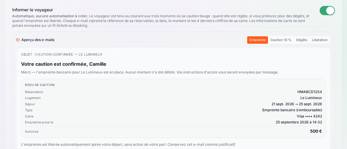 L’interrupteur « Informer le voyageur » activé et, dessous, l’« Aperçu des e-mails » sur l’onglet « Empreinte » : objet « Caution confirmée — Le Lumineux », titre « Votre caution est confirmée, Camille », et le reçu de caution (réservation, logement, séjour, type « Empreinte bancaire (remboursable) », carte Visa •••• 4242, montant autorisé 500 €)