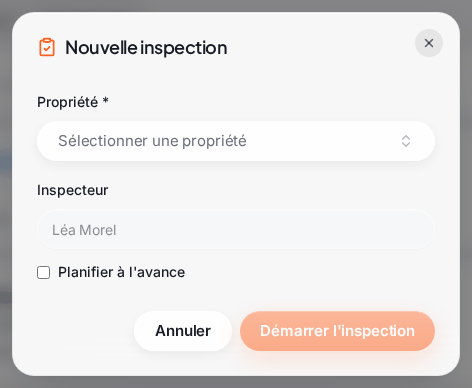 La fenêtre « Nouvelle inspection » : « Propriété * » (« Sélectionner une propriété »), « Inspecteur » (la personne connectée), la case « Planifier à l’avance » et le bouton « Démarrer l’inspection »