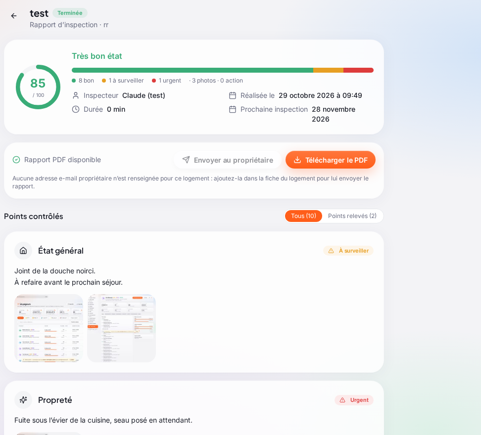 Le rapport d’une inspection terminée : le score sur 100 et « Très bon état », la barre bon / à surveiller / urgent, l’inspecteur, la durée, la date et la prochaine inspection ; « Rapport PDF disponible » avec « Envoyer au propriétaire » et « Télécharger le PDF » ; puis les « Points contrôlés » (« Tous » / « Points relevés ») avec, pour chaque section, son état, la note et les photos