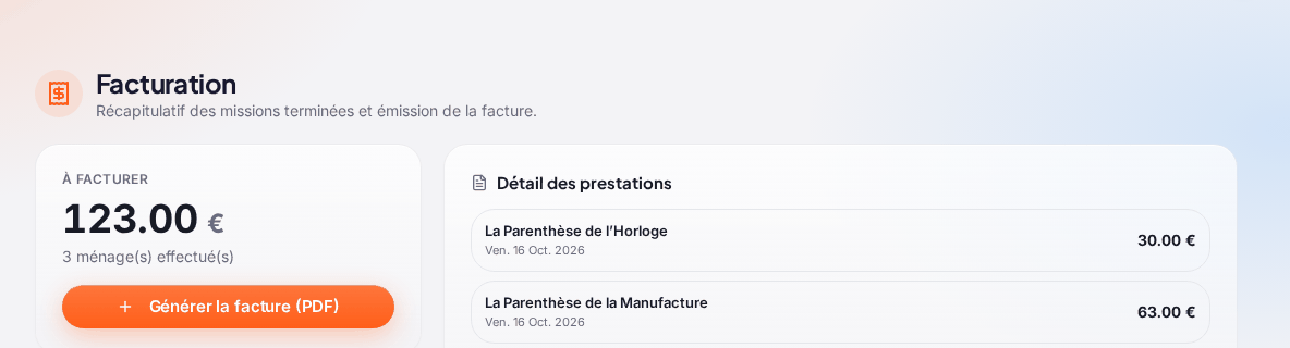 La page « Facturation » d’une société de ménage : « À facturer » 123.00 € pour 3 ménages effectués, le bouton « Générer la facture (PDF) » et le « Détail des prestations », logement par logement