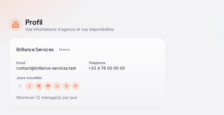 La page « Profil » de la société « Brillance Services » (« Externe ») : e-mail, téléphone, jours travaillés du lundi au samedi et « Maximum 12 ménage(s) par jour »