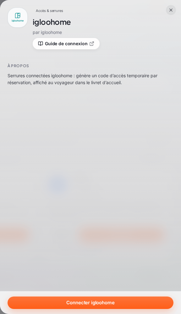 Le panneau de détail de l’application igloohome, ouvert depuis le Marketplace : le logo, le badge « Accès & serrures », le titre « igloohome », « par igloohome », le bouton « Guide de connexion », la section « À propos » avec la présentation de l’application, et en bas le bouton « Connecter igloohome »