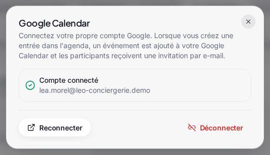 La fenêtre « Google Calendar » une fois connecté : l’encadré « Compte connecté » avec l’adresse Google reliée (ici une adresse d’exemple), puis les boutons « Reconnecter » et « Déconnecter »
