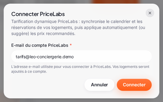 La fenêtre « Connecter PriceLabs » : sous la présentation de PriceLabs, le champ obligatoire « E-mail du compte PriceLabs » rempli avec une adresse d’exemple, l’aide « L’adresse e-mail utilisée pour vous connecter à PriceLabs. Vos logements seront ajoutés à ce compte. », puis les boutons « Annuler » et « Connecter »