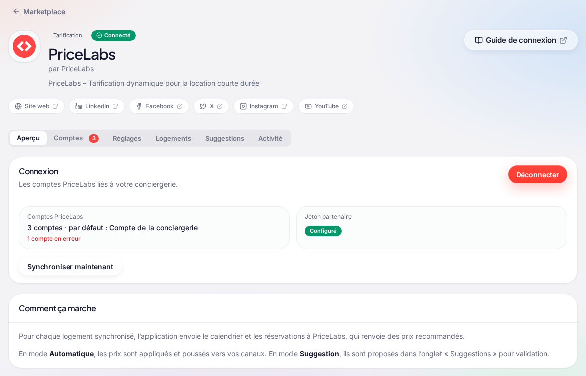 La page PriceLabs, onglet « Aperçu » : badge vert « Connecté » dans l’en-tête et les six onglets « Aperçu », « Comptes », « Réglages », « Logements », « Suggestions », « Activité » ; l’onglet « Comptes » porte la pastille « 3 » ; la carte « Connexion » (« Les comptes PriceLabs liés à votre conciergerie. ») avec « Comptes PriceLabs » : « 3 comptes · par défaut : Compte de la conciergerie » et, en rouge, « 1 compte en erreur » (avec un seul compte, cette ligne affiche simplement « Compte de la conciergerie »), « Jeton partenaire » : badge vert « Configuré », le bouton « Synchroniser maintenant » et, en haut à droite, le bouton rouge « Déconnecter » ; dessous, la carte « Comment ça marche »