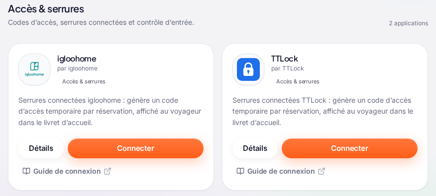 Le Marketplace filtré sur la catégorie « Accès & serrures » : à droite la carte « TTLock » (« par TTLock », badge « Accès & serrures »), non connectée, avec sa présentation, les boutons « Détails » et « Connecter » et le lien « Guide de connexion » ; à gauche la carte igloohome