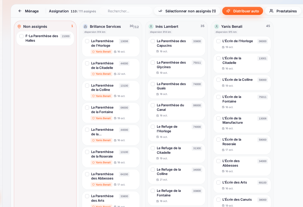 Le tableau « Assignation » : en haut « 110 / 111 assignés », la recherche et les boutons « Sélectionner non assignés (1) », « Distribuer auto », « Prestataires » et « Réglages » ; dessous une colonne par prestataire : « Non assignés » (1 logement), « Brillance Services » (société, 30 logements), « Inès Lambert » et « Yanis Benali » (agents) ; chaque carte de logement indique son code postal et la date de son prochain ménage