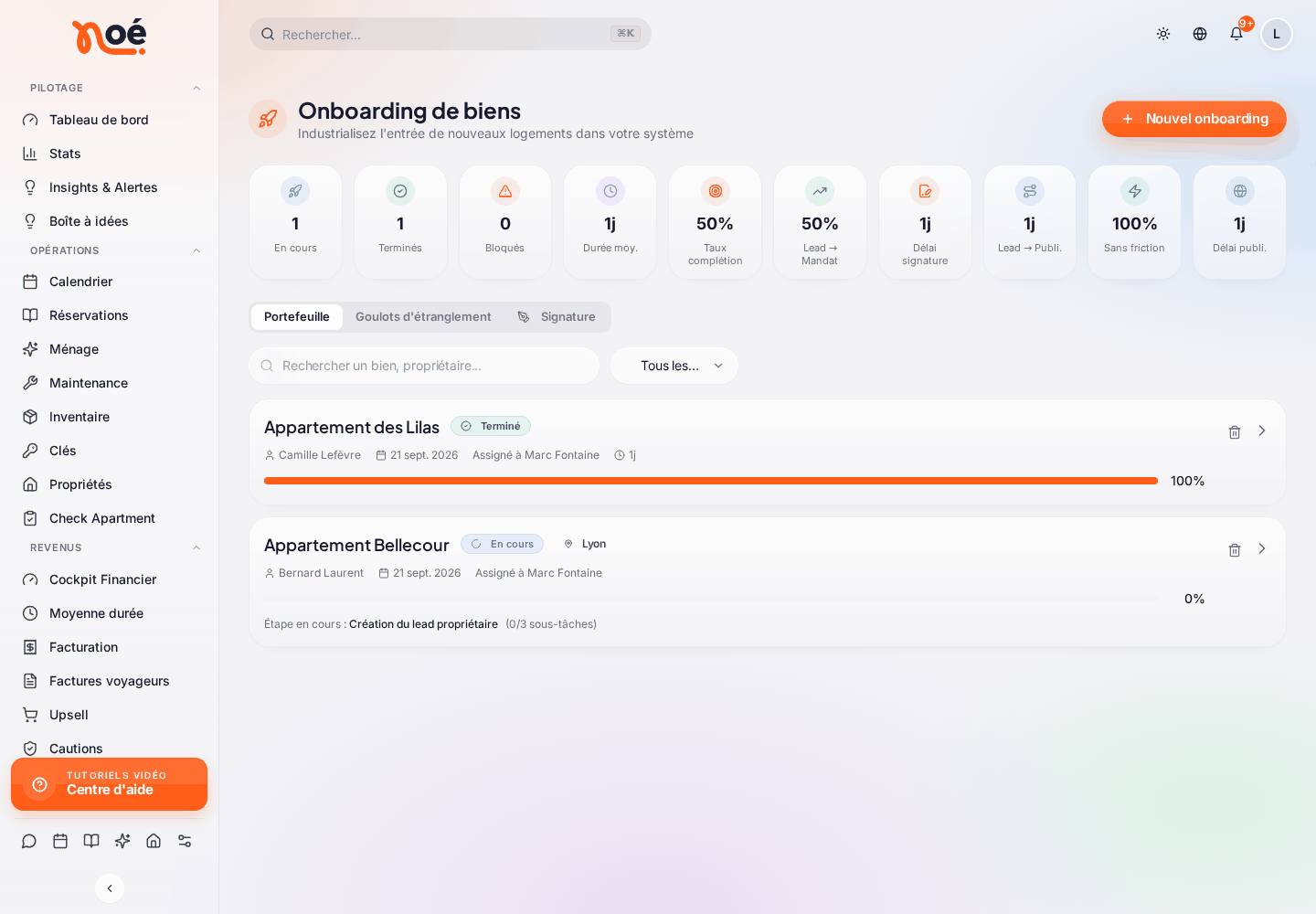 La page « Onboarding de biens » : le bouton « Nouvel onboarding », les compteurs (en cours, terminés, bloqués, durée moyenne, taux de complétion, lead → mandat, délai de signature, lead → publication, sans friction, délai de publication), les onglets « Portefeuille », « Goulots d’étranglement » et « Signature », et les onboardings : « Appartement des Lilas » (Terminé, 100 %) et « Appartement Bellecour » (En cours, 0 %)