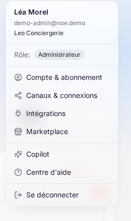 Le menu du profil, ouvert en cliquant sur l’initiale en haut à droite : le nom, l’e-mail, l’espace et le rôle (« Administrateur »), puis « Compte & abonnement », « Canaux & connexions », « Intégrations », « Marketplace », « Copilot », « Centre d’aide » et « Se déconnecter »