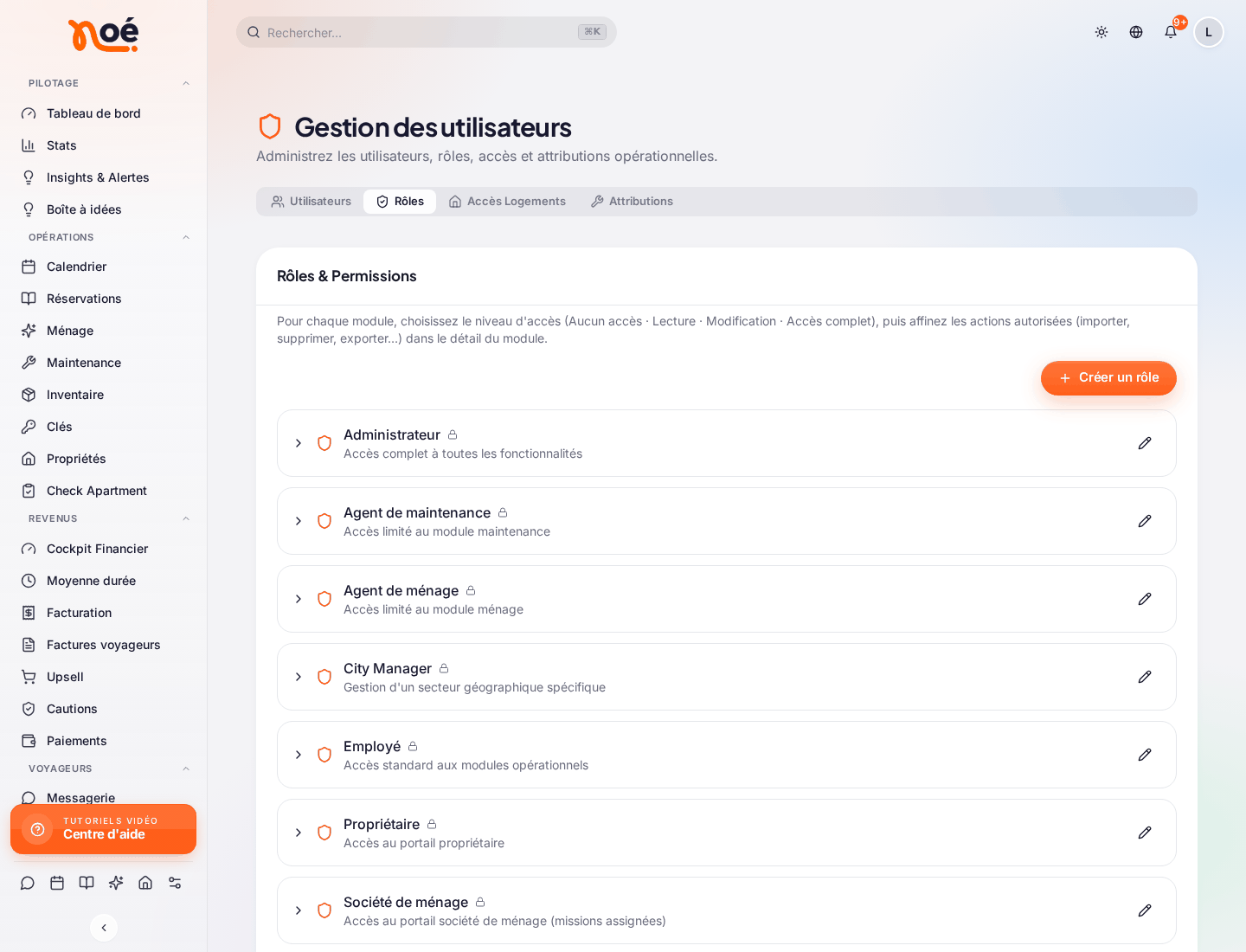 L’onglet « Rôles » de la gestion des utilisateurs : « Rôles & Permissions » avec le bouton « Créer un rôle », et la liste des rôles d’origine (Administrateur, Agent de maintenance, Agent de ménage, City Manager, Employé, Propriétaire, Société de ménage, Superviseur), chacun avec sa description, un cadenas et le crayon pour le modifier