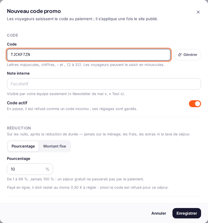La fenêtre « Nouveau code promo » : le code, la note interne, l’interrupteur « Code actif » et la réduction
