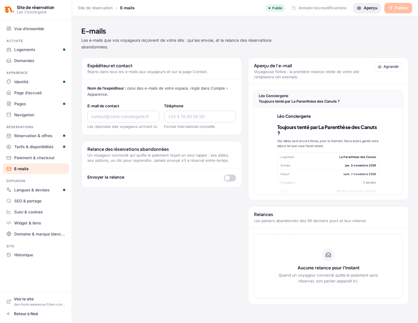 La section « E-mails » : expéditeur et contact, relance des réservations abandonnées, aperçu de l’e-mail et liste des relances