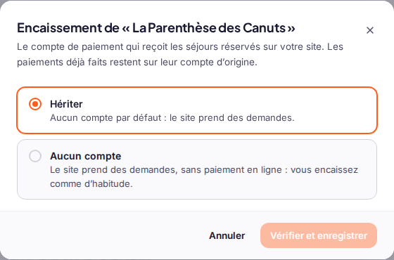 La fenêtre « Encaissement » d’un logement : « Hériter » ou « Aucun compte »