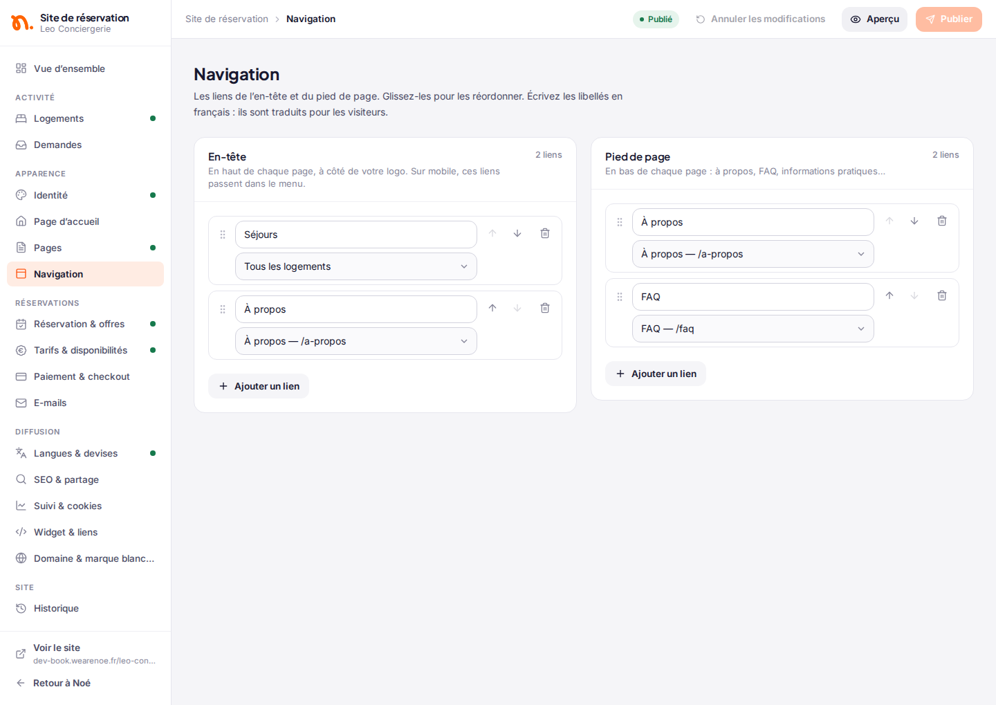 La section « Navigation » : les liens de l’en-tête et du pied de page, avec leur destination