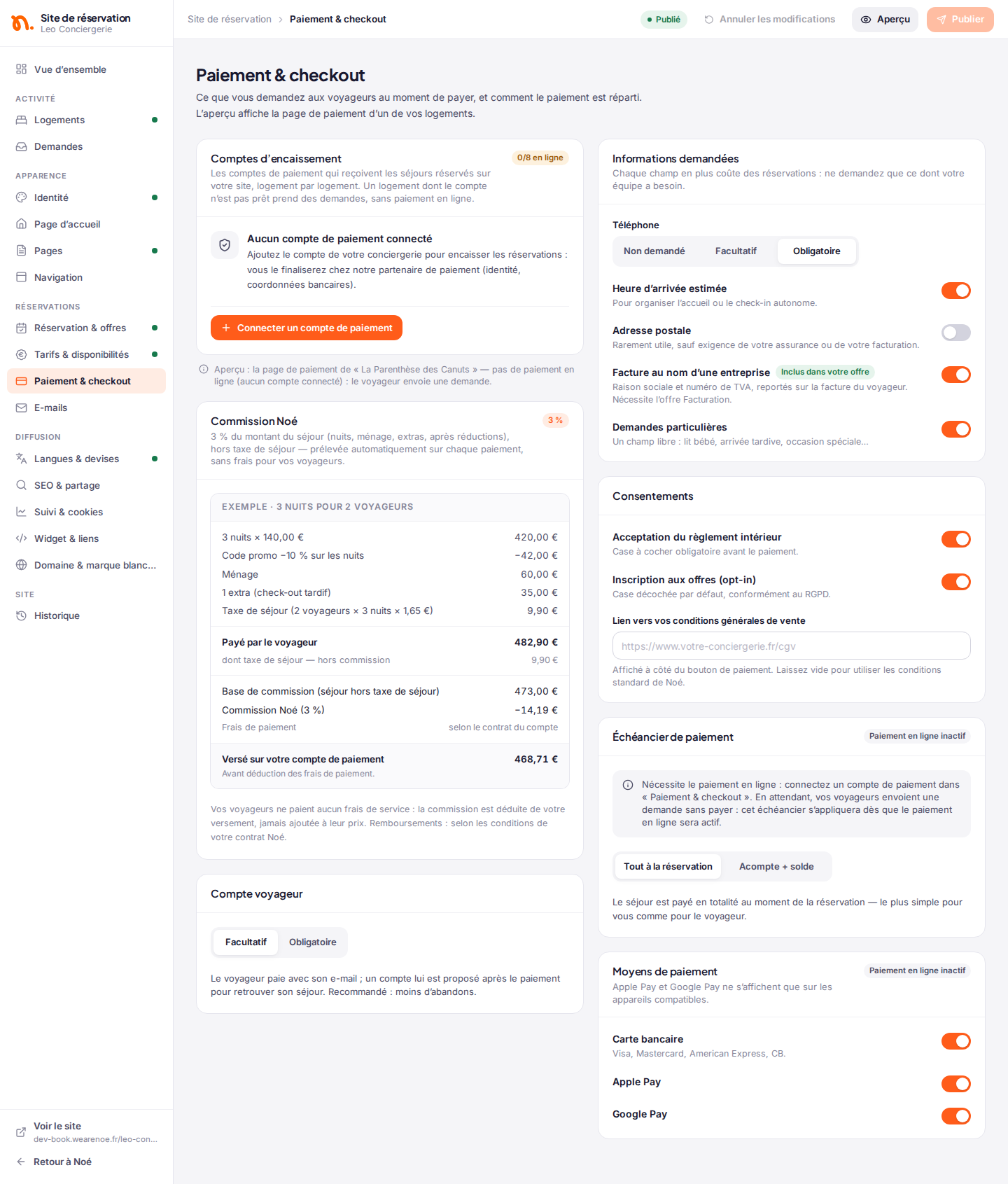 La section « Paiement & checkout » : comptes d’encaissement, informations demandées, échéancier et moyens de paiement