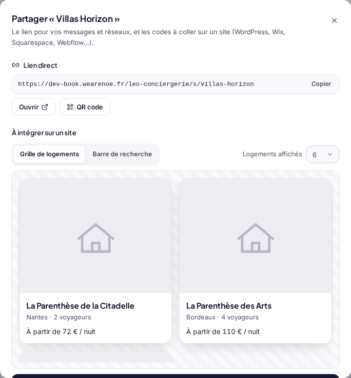 La fenêtre « Partager » : le lien, le QR code, la grille de logements et son code